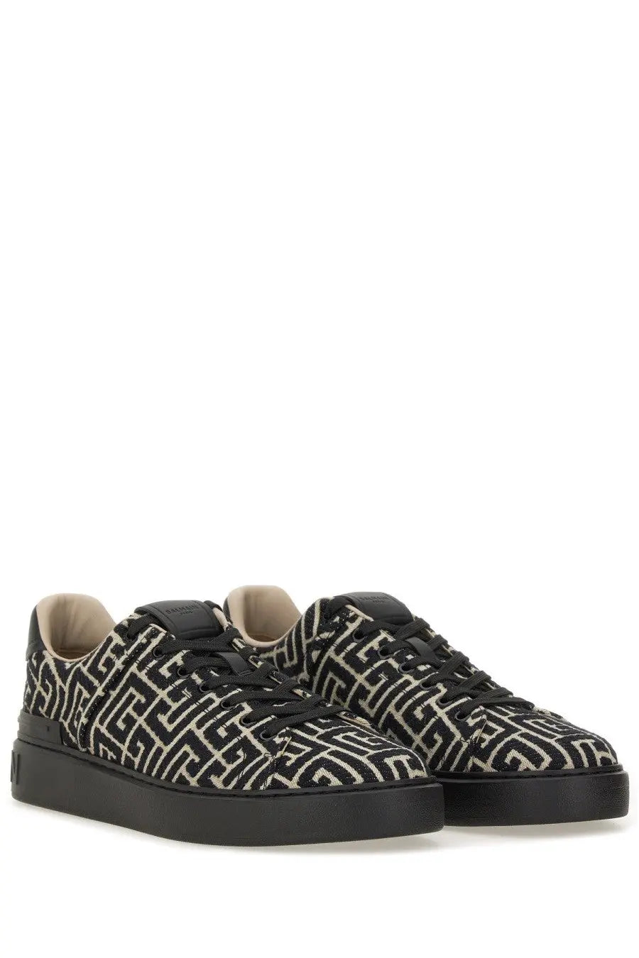 Balmain men’s jacquard court sneakers black with black and beige geometric pattern textured fabric upper and chunky sole
