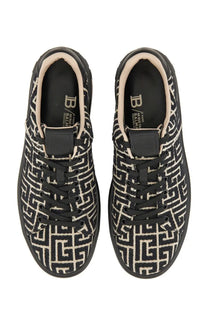 Balmain men’s jacquard court sneakers black with black and cream bold geometric patterned design