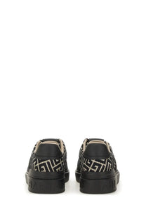 Balmain men’s jacquard court sneakers black with off-white geometric pattern upper and black rubber soles