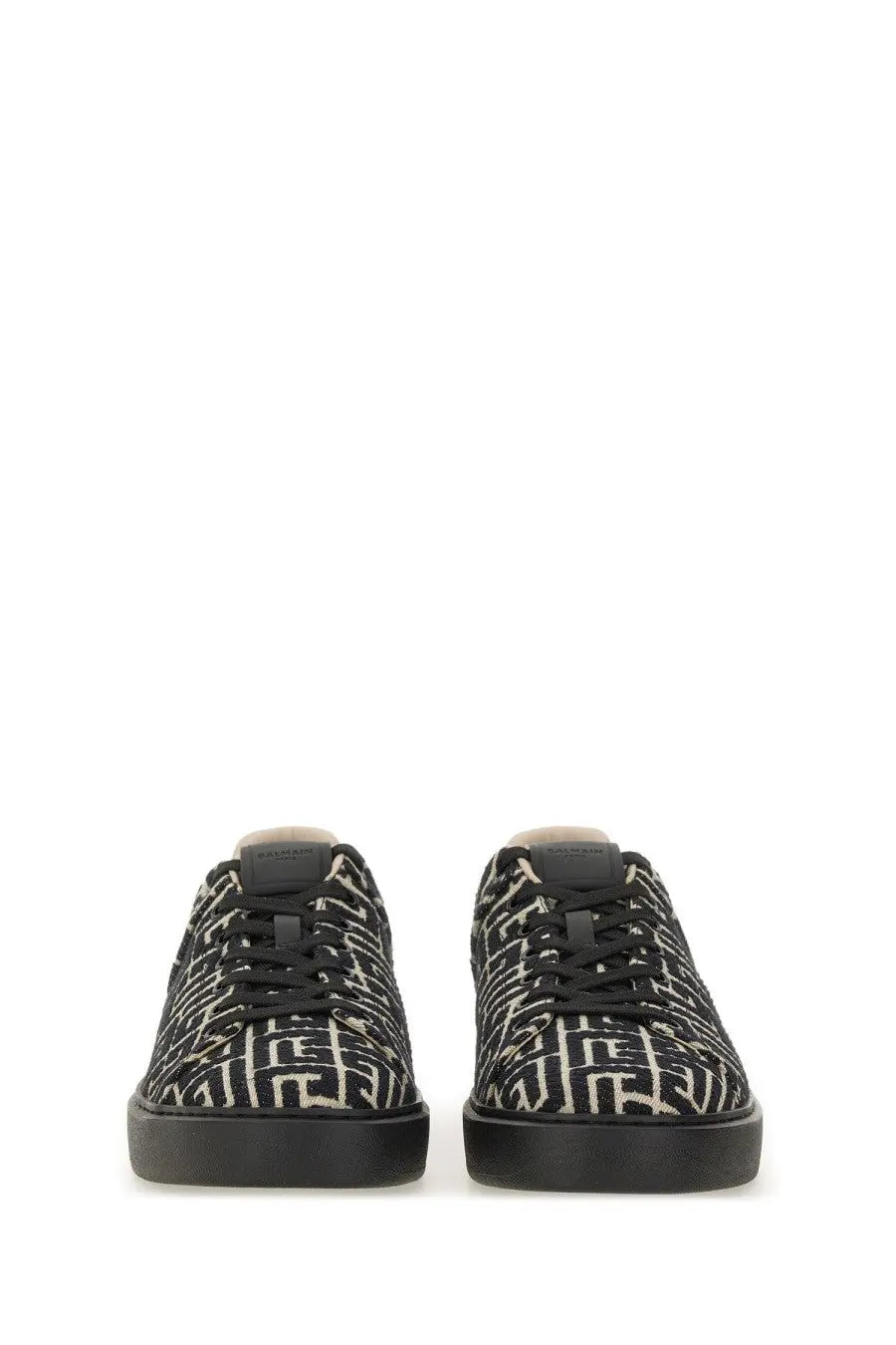 Balmain men’s jacquard court sneakers black with black and white patterned low-top jacquard upper and geometric logo design