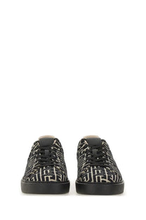 Balmain men’s jacquard court sneakers black with black and white patterned low-top jacquard upper and geometric logo design
