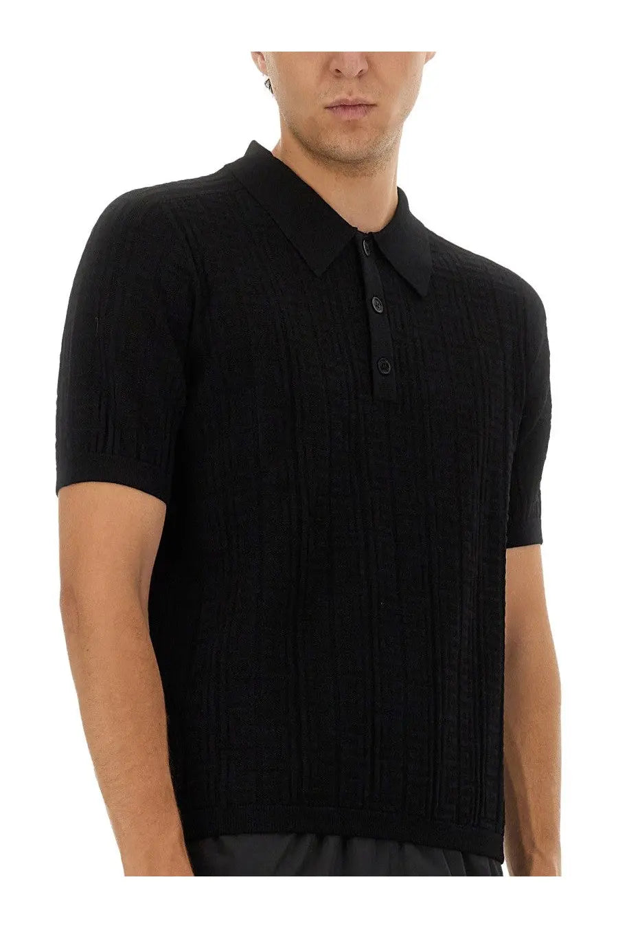 Balmain men’s knitted polo black in textured knit with ribbed collar and short sleeves