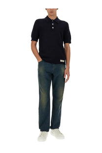 Balmain men’s merino wool polo shirt blue with black short sleeves white buttons and small label on lower left side