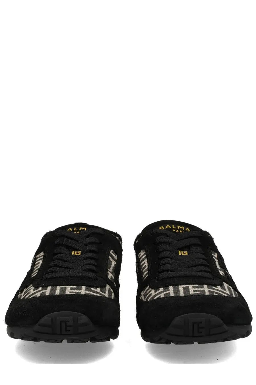Balmain men’s racer sneaker black suede with bold white geometric pattern and gold branding on the tongue