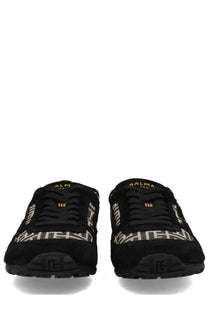 Balmain men’s racer sneaker black suede with bold white geometric pattern and gold branding on the tongue