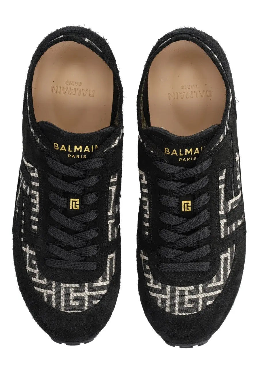 Balmain men’s racer sneaker black suede with bold white geometric pattern and gold tone branding accents