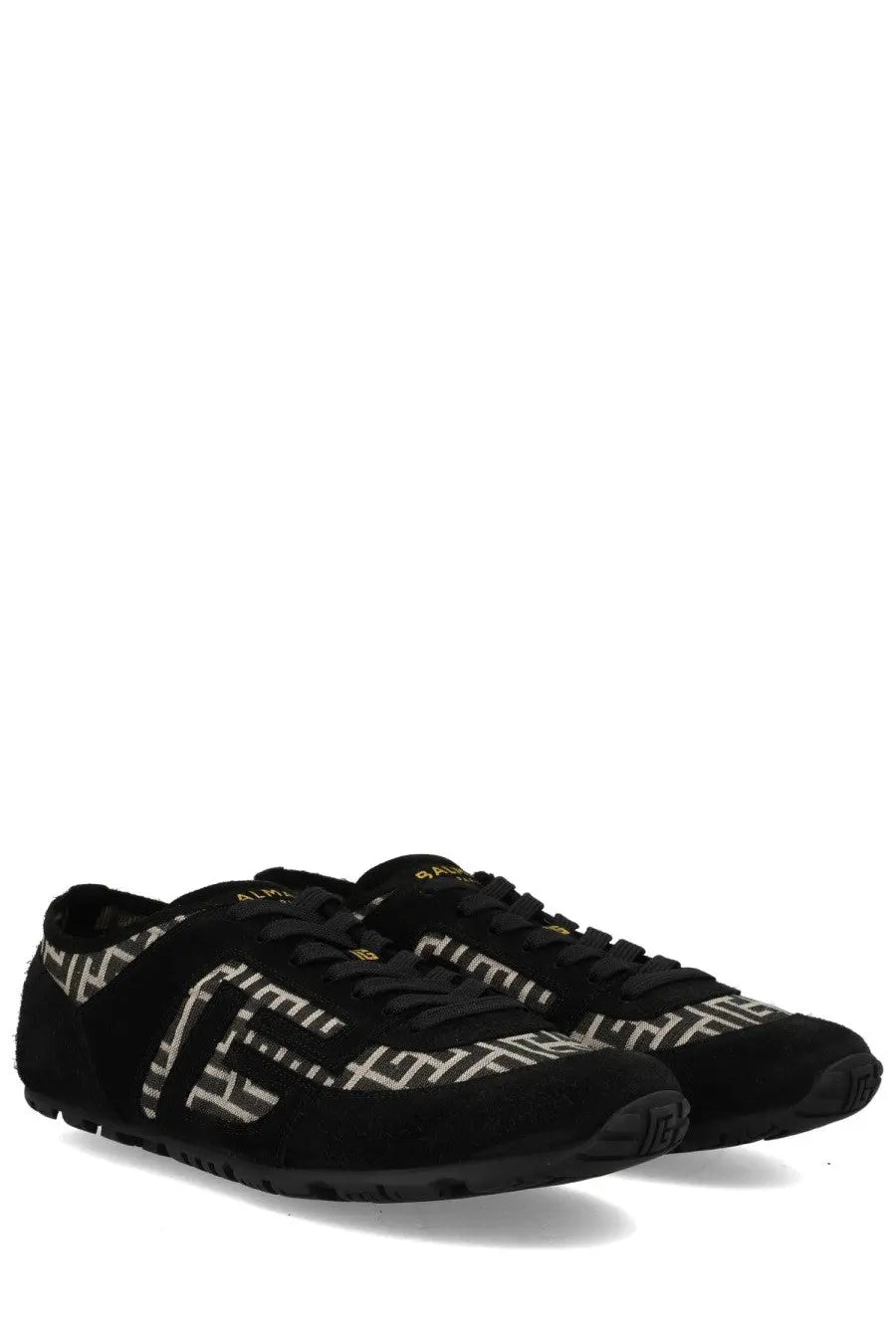 Balmain men’s racer sneaker black suede with bold white and gold geometric pattern and matching laces