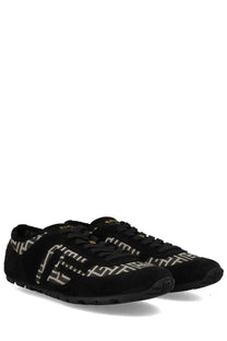 Balmain men’s racer sneaker black suede with bold white and gold geometric pattern and matching laces