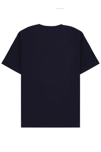 Black short-sleeved cotton crew neck t-shirt for men by Balmain shown from the front in blue product listing