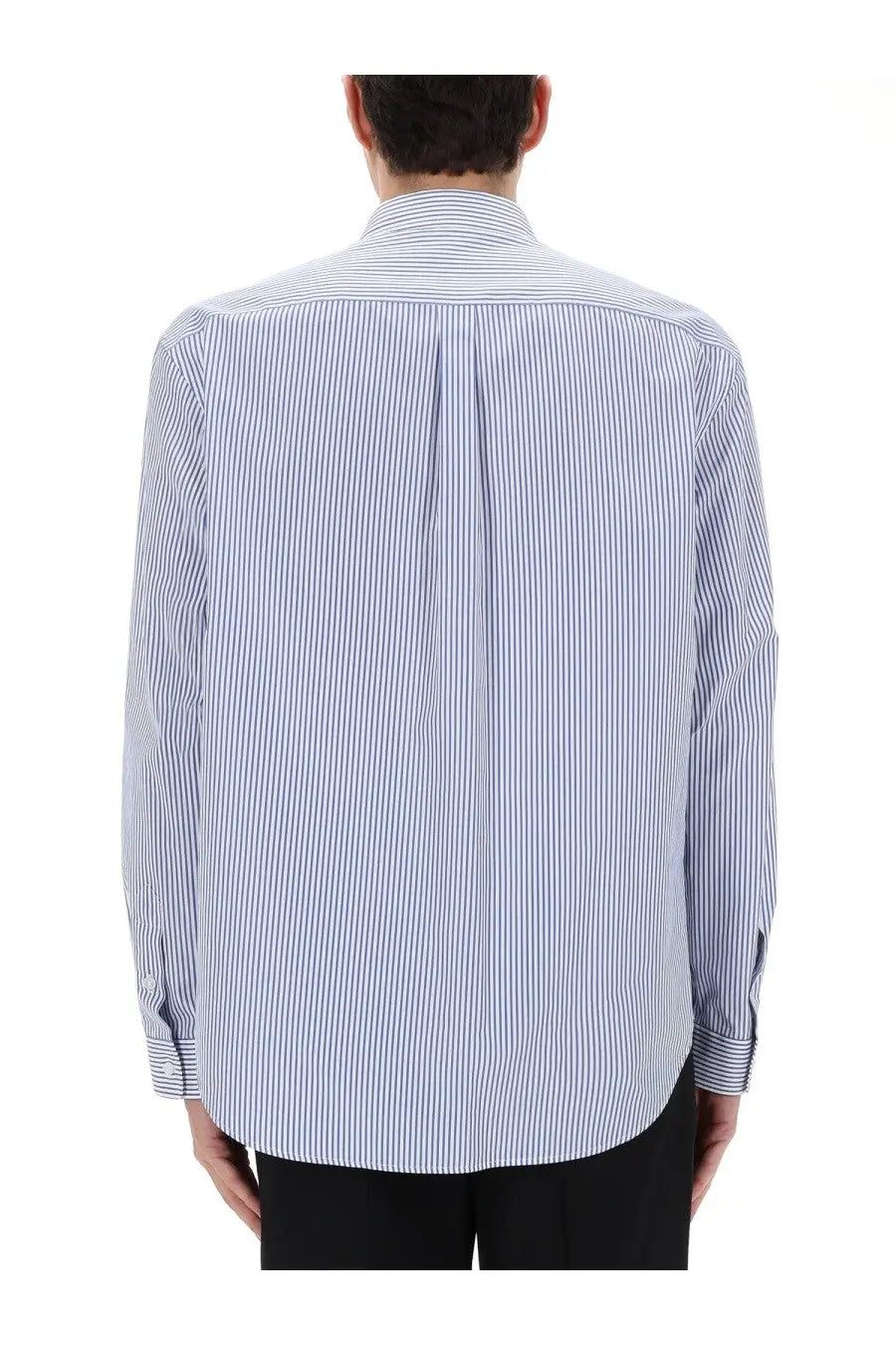 Balmain men’s shirt blue long-sleeved button-down with crisp blue and white vertical stripes and tailored fit with back pleats