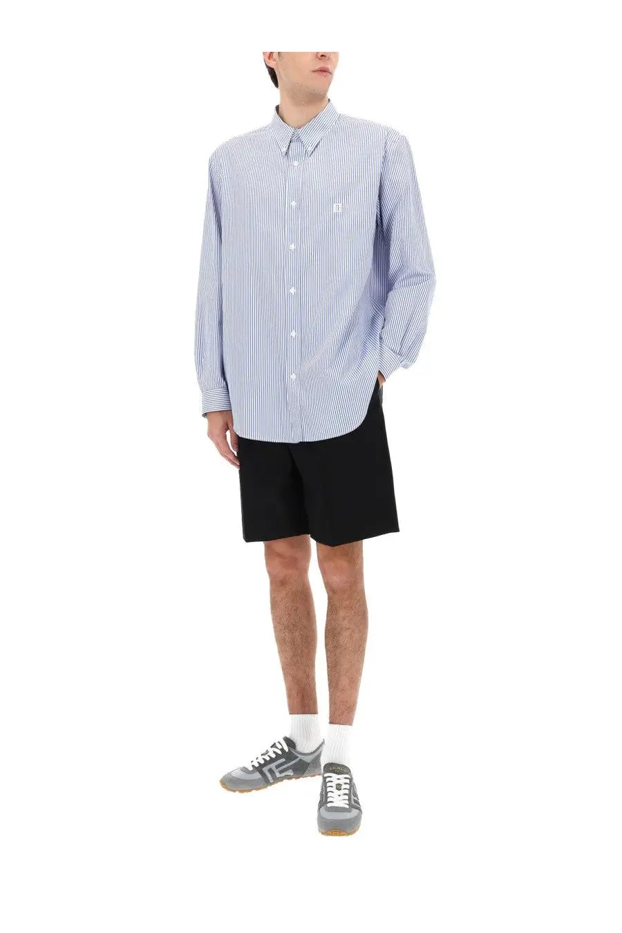 Balmain men’s light blue and white striped long-sleeve button-up shirt with small embroidered logo on left chest