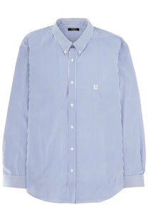 Balmain men’s blue and white striped button-down shirt with small embroidered logo on left chest for casual wear