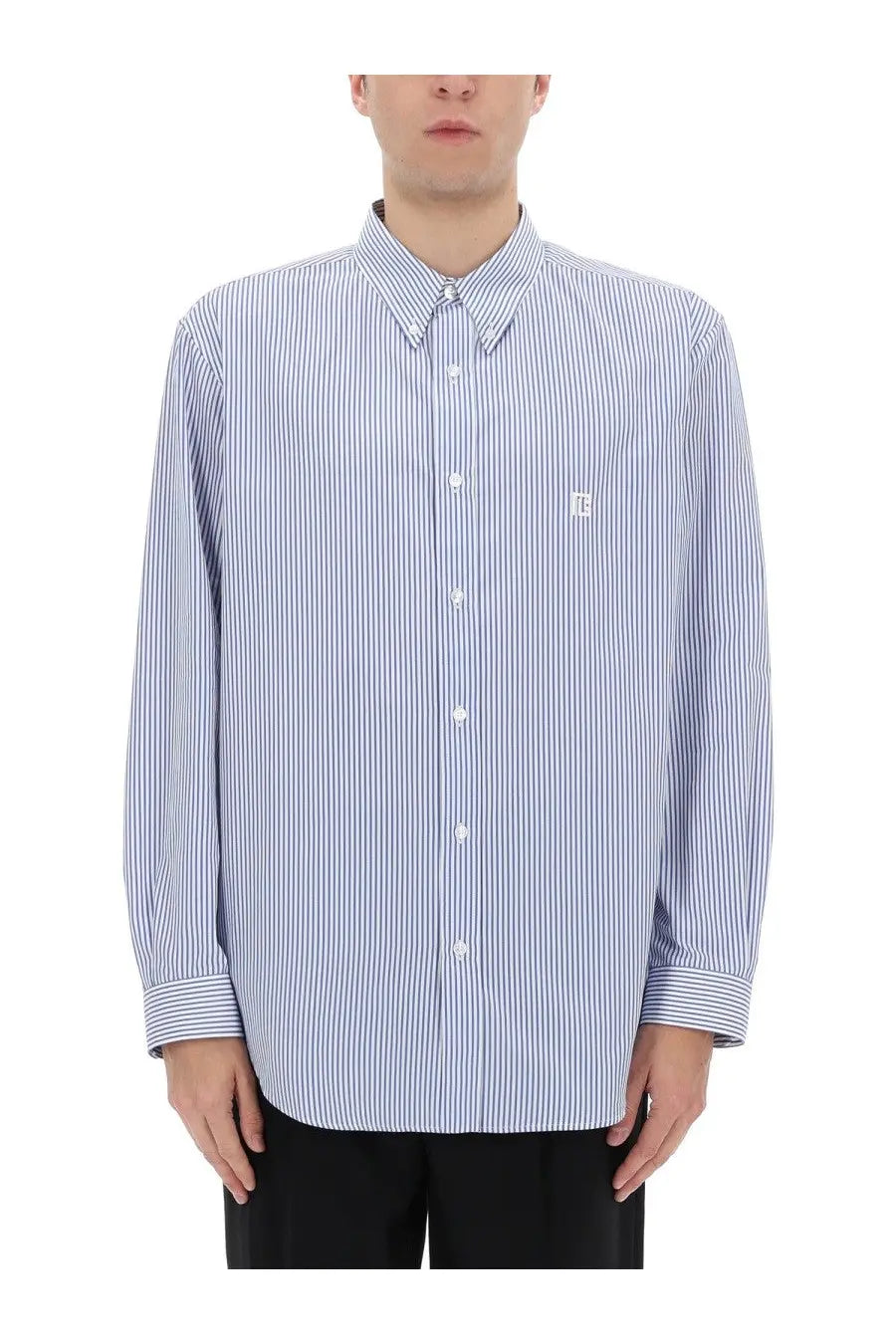 Balmain men’s blue and white vertically striped long-sleeved button-down shirt with embroidered logo on left chest