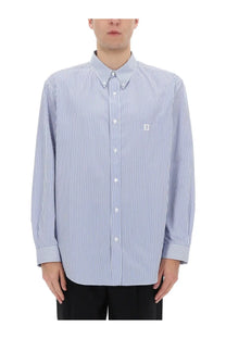Balmain men’s blue and white vertically striped long-sleeved button-down shirt with embroidered logo on left chest