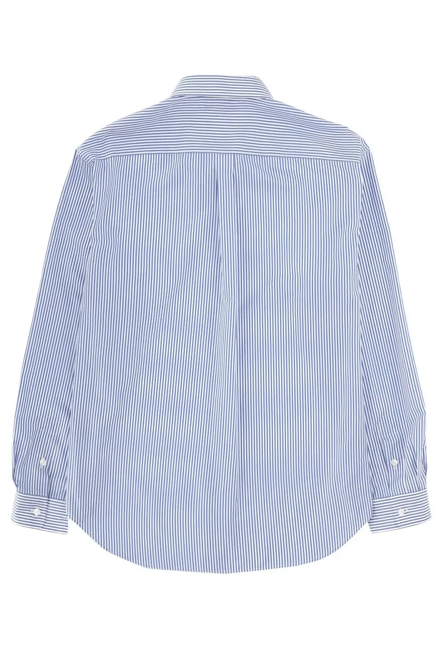 Balmain men’s shirt blue with blue and white vertical stripes and classic collar long-sleeved button-down design