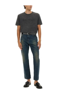 Balmain men’s shirt grey paired with dark blue denim jeans with faded wash and straight-leg cut