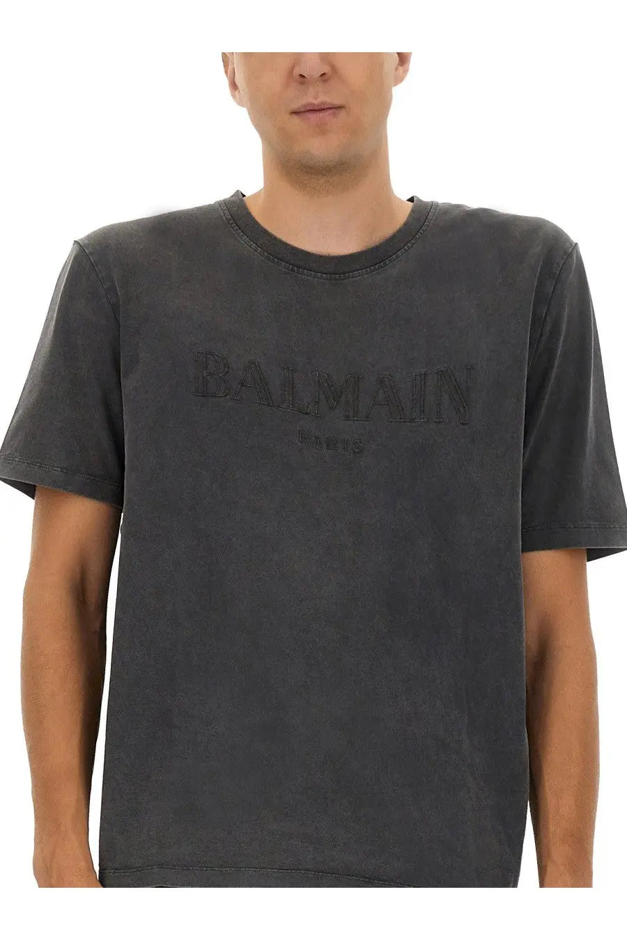 Balmain men’s dark gray t-shirt with faded textured logo print designed for casual wear