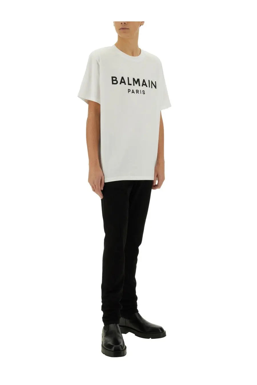 Balmain men’s white cotton t-shirt with black balmain paris logo printed on the front