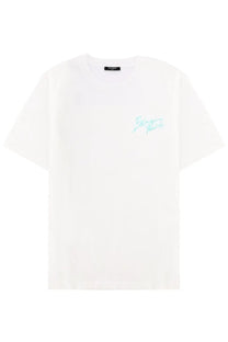 Balmain men’s white cotton t-shirt with a subtle mint green script logo on the chest