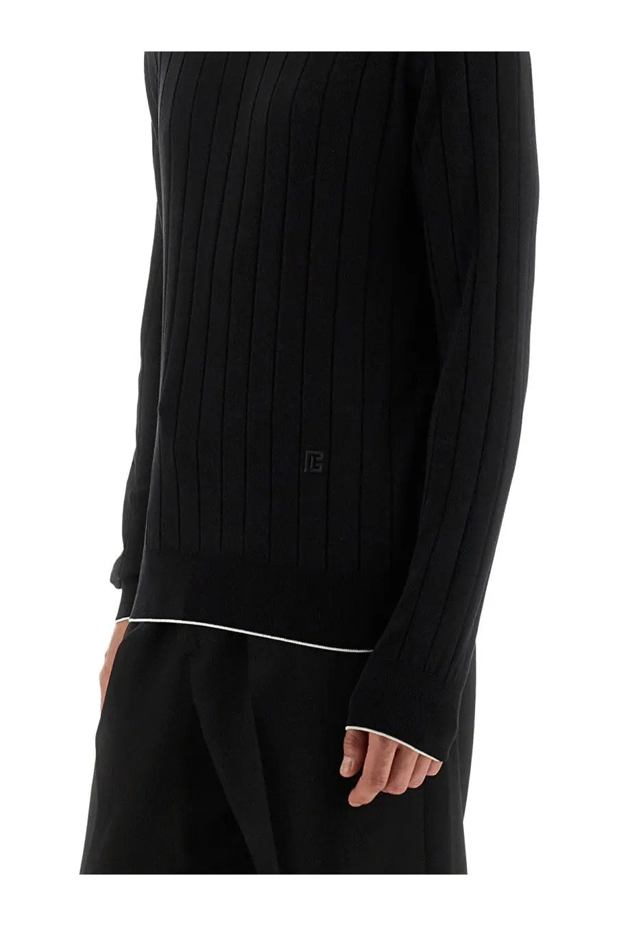 Balmain men’s silk and cotton black ribbed knit sweater with white trim at hem and cuffs