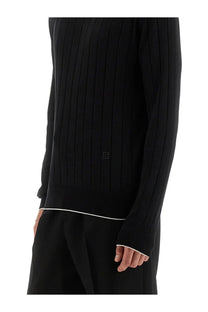 Balmain men’s silk and cotton black ribbed knit sweater with white trim at hem and cuffs