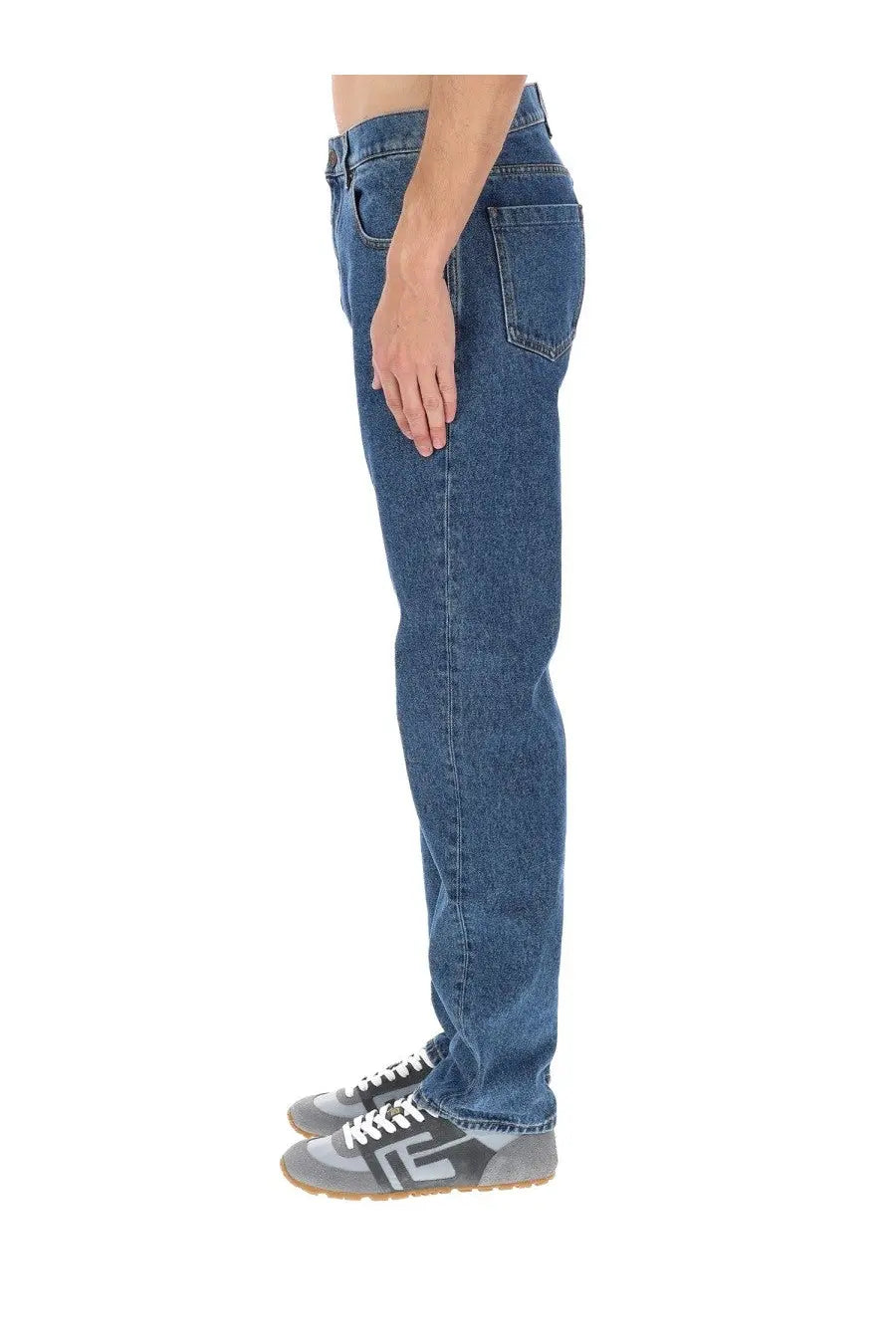 Balmain men’s straight denim jeans in classic blue with a straight-leg cut and standard front pockets