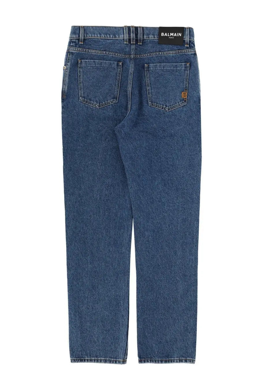 Balmain men’s straight blue denim jeans with classic cut balmain paris label and gold-tone logo patch on back pocket