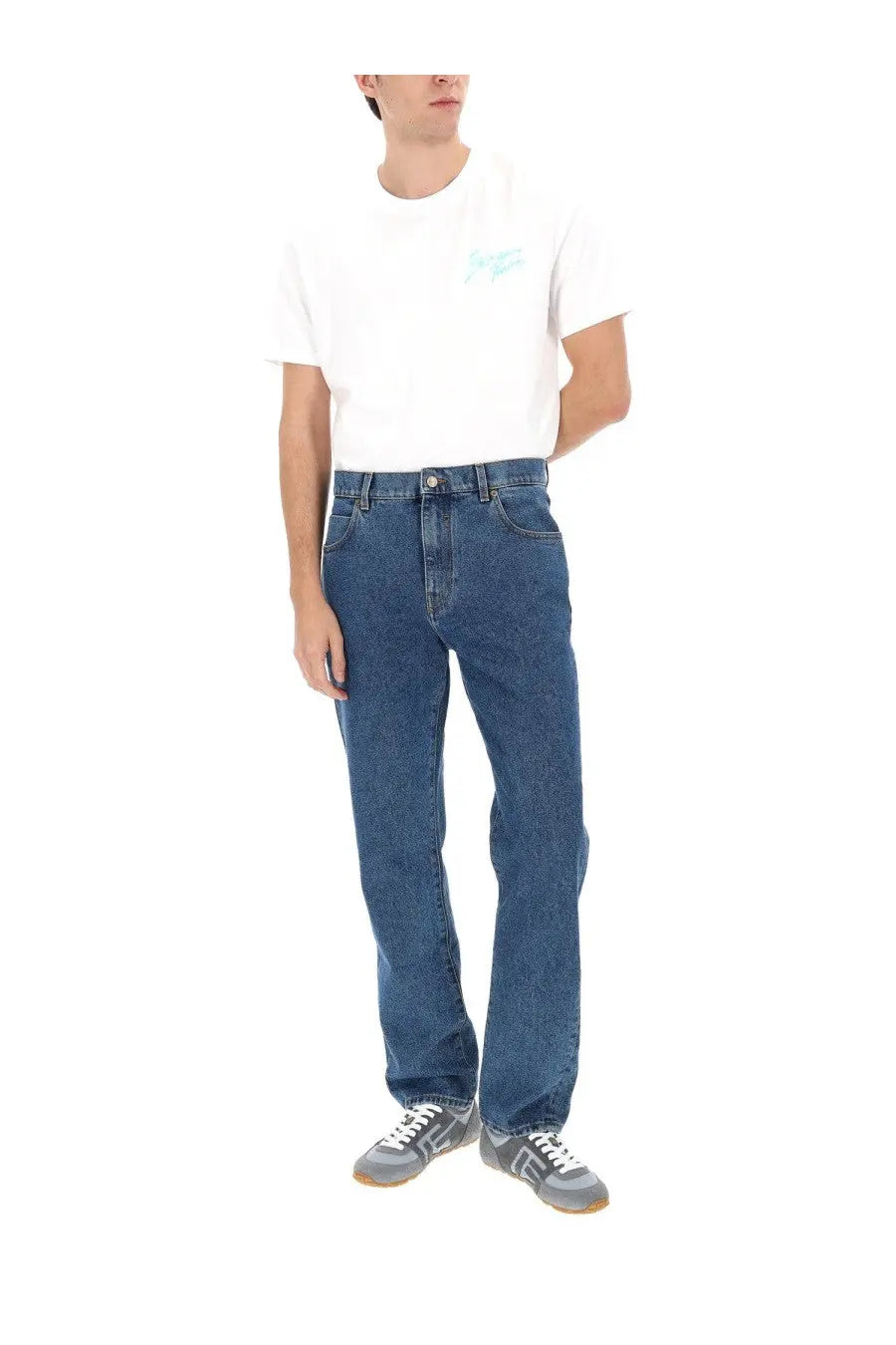 Balmain men’s straight denim jeans blue with classic straight leg cut and subtle fading in blue denim material