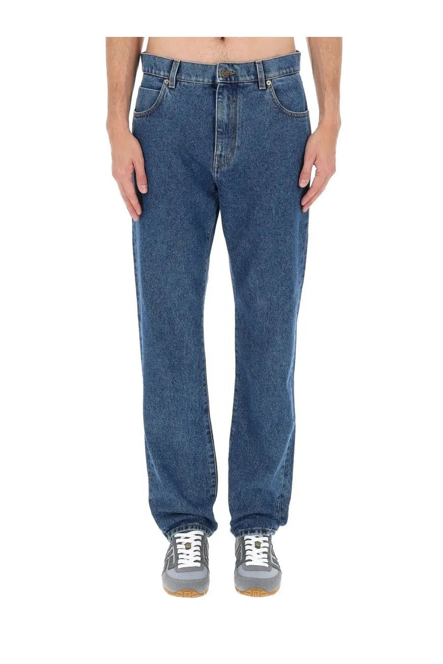 Balmain men’s straight denim jeans blue in blue denim with straight-leg cut and classic five-pocket design