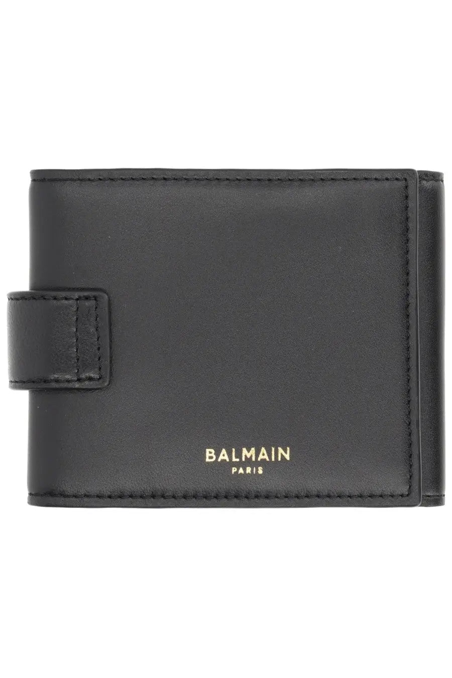 Balmain men’s trifold wallet pulse black in black leather with gold foil balmain paris branding and flap closure
