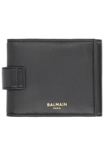 Balmain men’s trifold wallet pulse black in black leather with gold foil balmain paris branding and flap closure