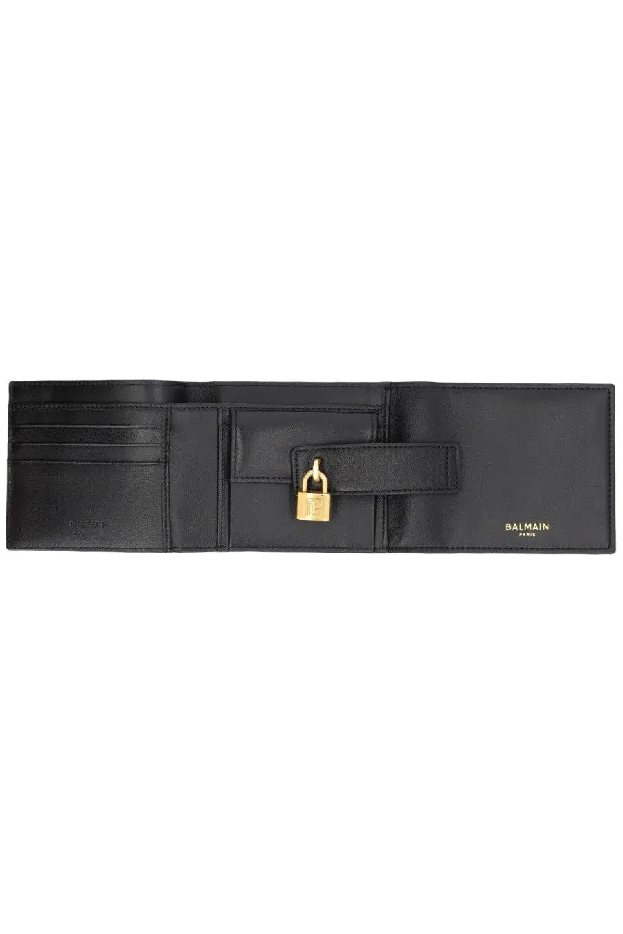Balmain men trifold wallet pulse in black leather with gold-tone padlock closure and balmain paris branding