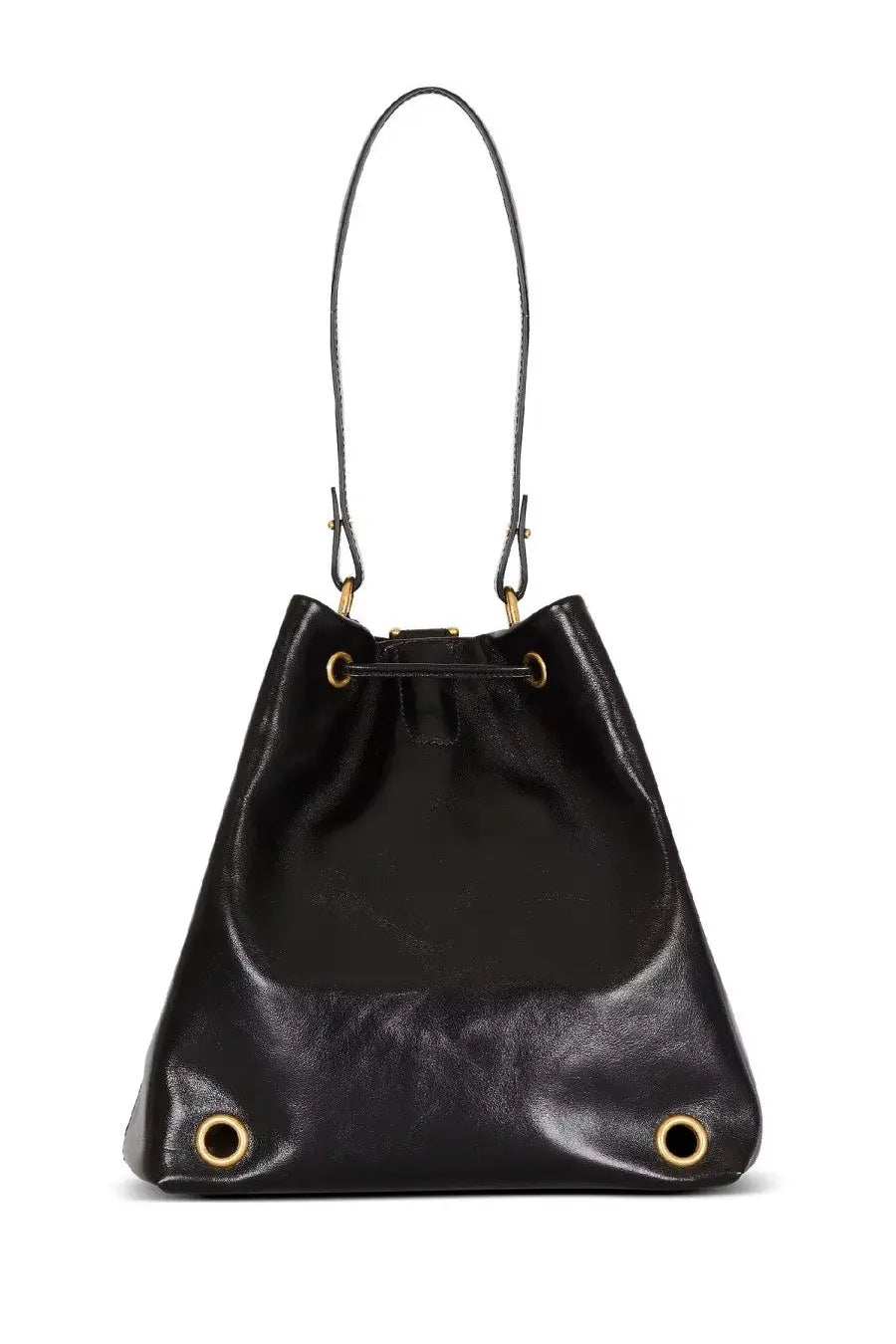 Balmain unisex pulse convertible leather backpack in black with gold-tone hardware and drawstring closure bucket bag style