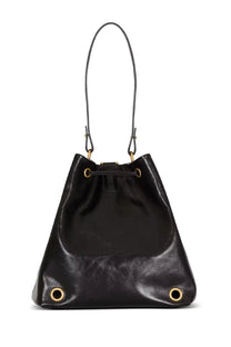 Balmain unisex pulse convertible leather backpack in black with gold-tone hardware and drawstring closure bucket bag style
