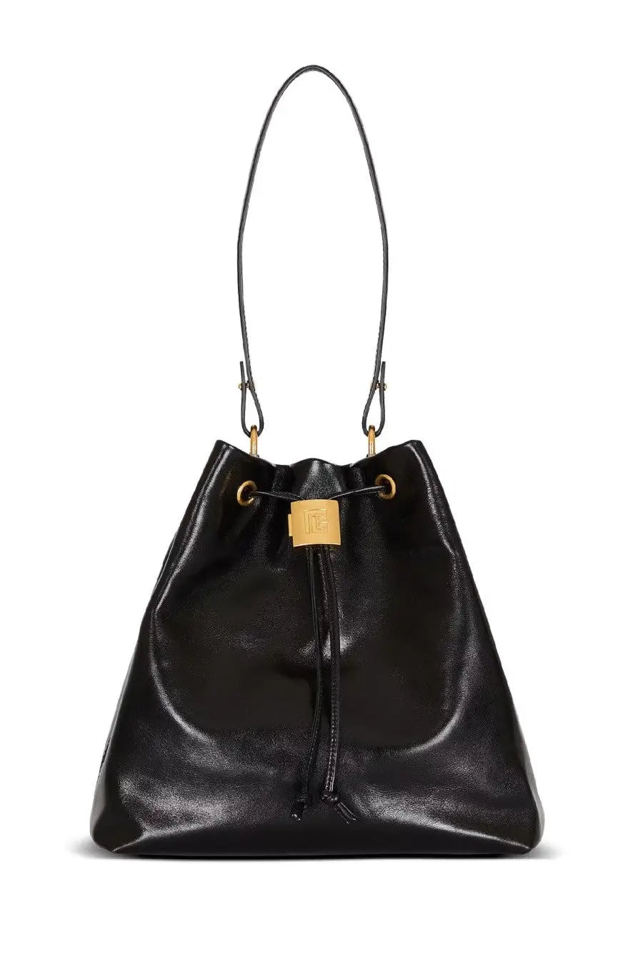 Balmain unisex pulse convertible leather backpack black featuring black leather bucket bag design with gold hardware and drawstring closure