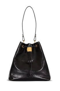 Balmain unisex pulse convertible leather backpack black featuring black leather bucket bag design with gold hardware and drawstring closure