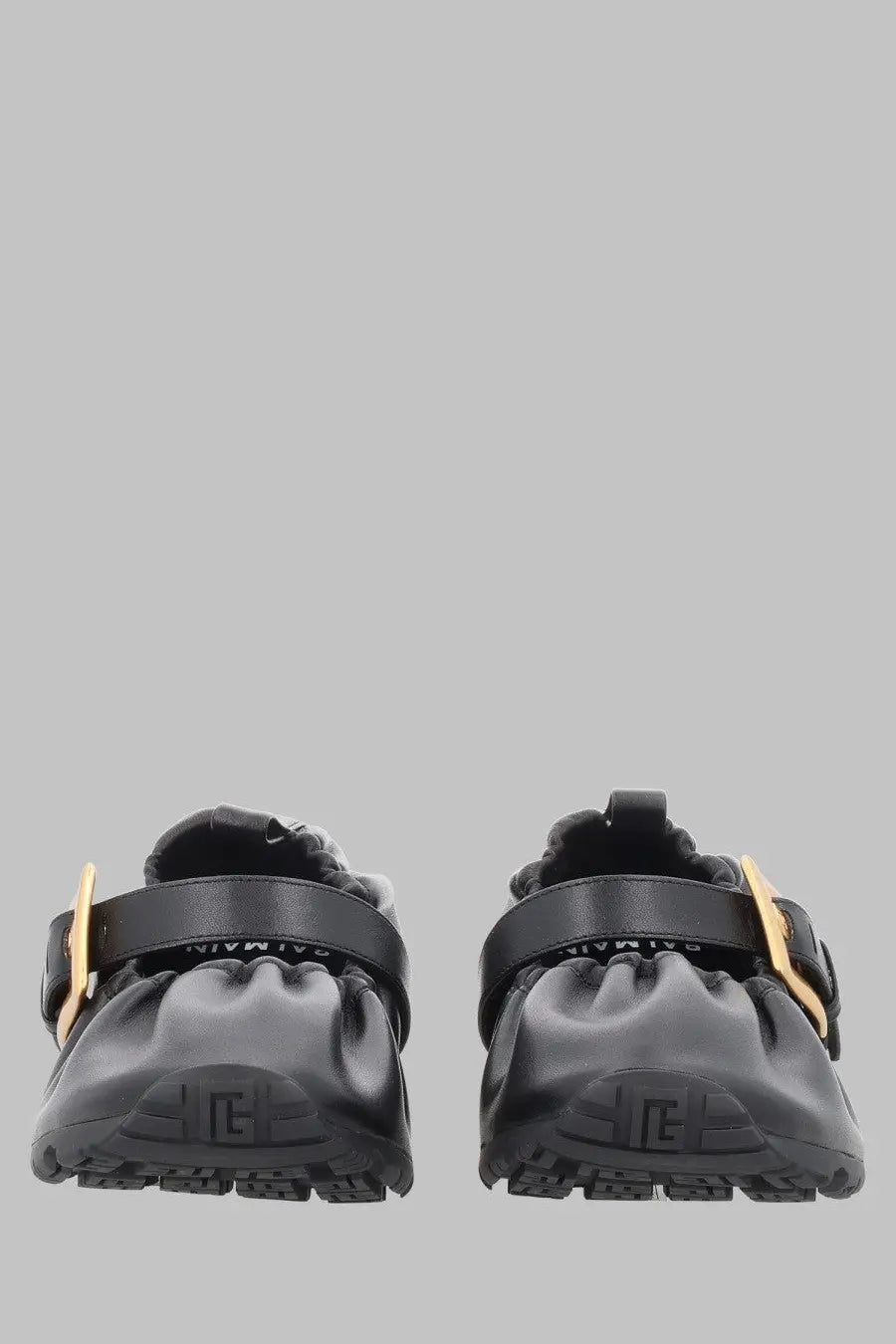 Balmain women’s ballerina anthem black platform sandals with gold-tone buckles and textured rubber sole