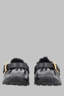 Balmain women’s ballerina anthem black platform sandals with gold-tone buckles and textured rubber sole