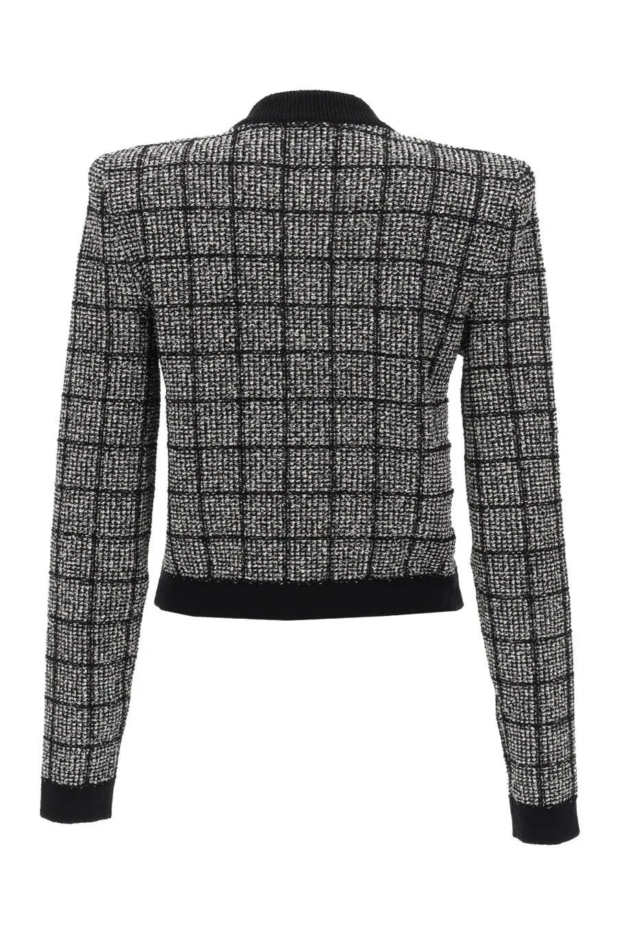 Balmain women’s cardigan black herringbone-patterned tweed blazer with ribbed black collar cuffs and hem