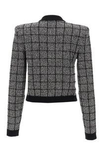 Balmain women’s cardigan black herringbone-patterned tweed blazer with ribbed black collar cuffs and hem