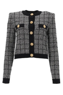 Balmain women’s cardigan black in black and white herringbone tweed with gold-tone button closures cropped jacket