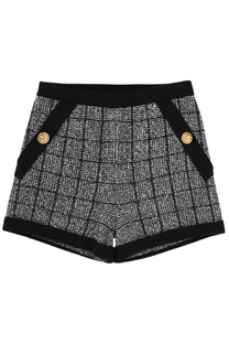 Balmain women’s black cotton tweed shorts with black and gray herringbone pattern and gold-tone buttons