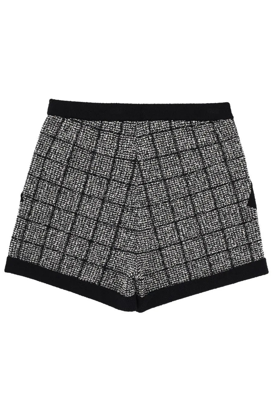 Balmain women’s cotton tweed shorts in black with silver checkered pattern and textured fabric with solid black waistband