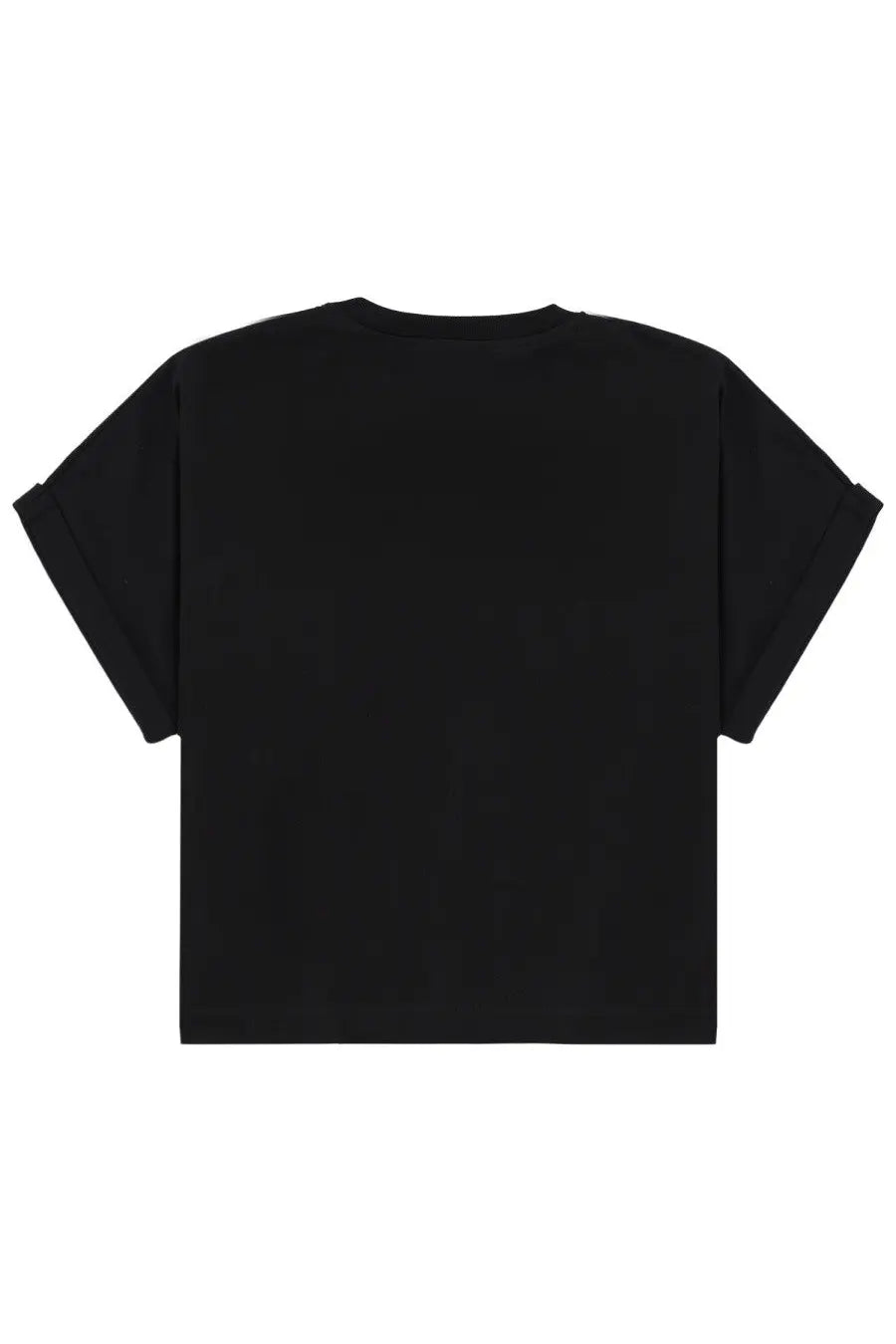 Balmain women’s cropped black t-shirt with rolled-up short sleeves and a simple crew neck design