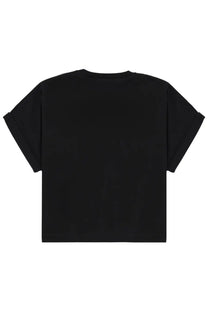 Balmain women’s cropped black t-shirt with rolled-up short sleeves and a simple crew neck design
