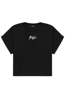 Balmain women’s cropped shirt black with white cursive balmain paris logo embroidered on the chest