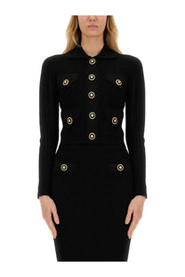 Balmain women’s black ribbed knit cardigan with gold toned circular buttons and patch pockets