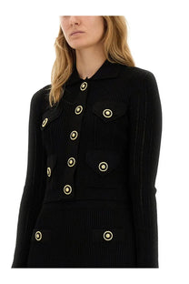 Balmain women’s black knitted cardigan with ribbed knit fabric gold-toned circular buttons and patch pockets