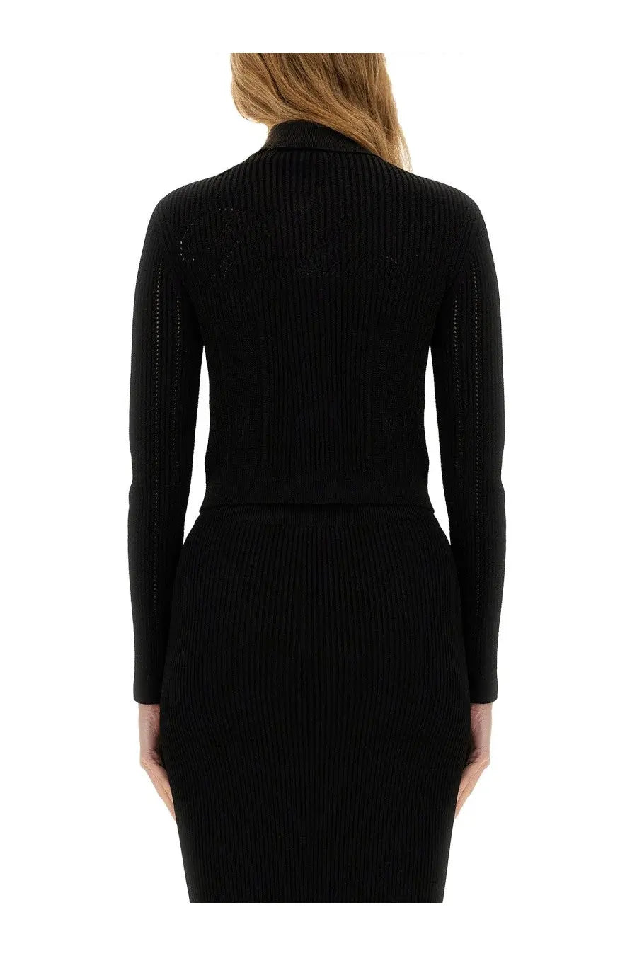 Back side of balmain women’s black ribbed knit cardigan with subtle embellished detailing