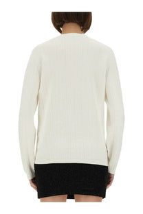 Cream-colored Balmain women’s ribbed knit sweater with classic crew neck and long sleeves in white knitted fabric